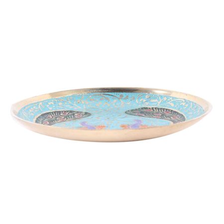 Blue Round Brass Meenakari Coaster And Twin Peacock Design