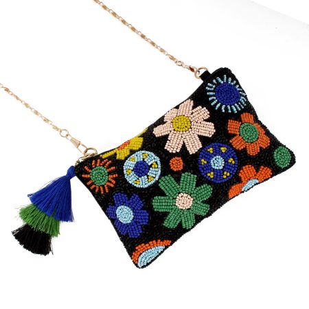 Black Floral Beaded Purse With Chain