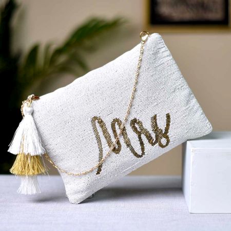 White Mrs Beaded Cross Body Sling Bag