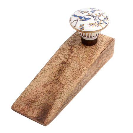Blue Bird Golden Berry Ceramic Floral Wooden Door Stopper