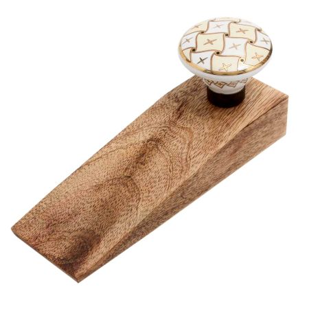 Cream and White Golden Checkerboard Ceramic Wooden Door Stopper