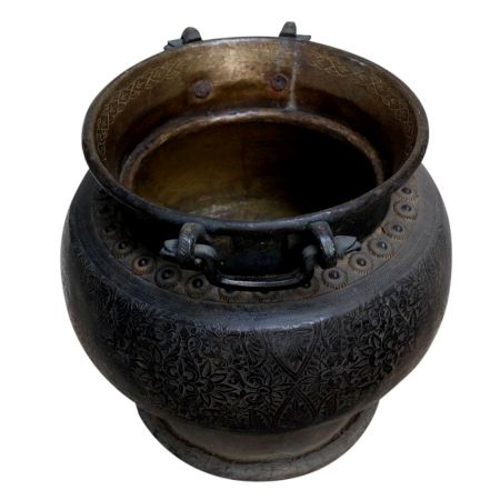 Old Brass Urn Planter With Round Body And Ring Handles