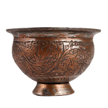 Round Copper Bowl With Floral Carving Design