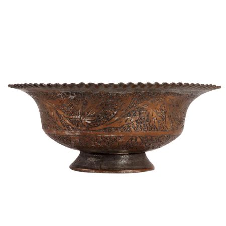 Copper Fruit Bowl With Engraved Leaves Design