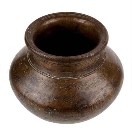 Handmade Dark Finish Brass Holy Water Pot With Engraved Design