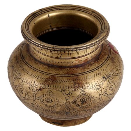 Old Hand Carved Brass Water Pot With Dark Finish