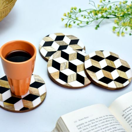 Geometric Round Black Coaster Set of 4