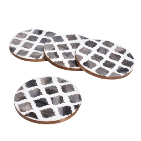 Moroccan Art Grey And White Wood And Resin Coaster Set Of 4