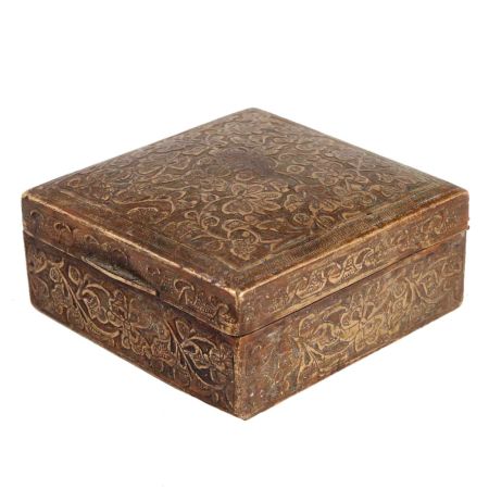 Vintage Indo Persian Chased Square Brass Trinket Box