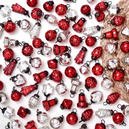 Set of 50 Pieces Red and Silver Tiny Christmas Ornaments In Assorted Styles