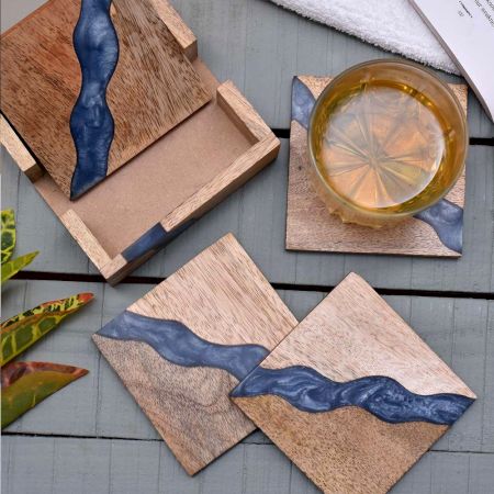 Handmade Prussian Blue Epoxy River and Acacia Wood Set of 4 Decorative Table Coasters with Cover
