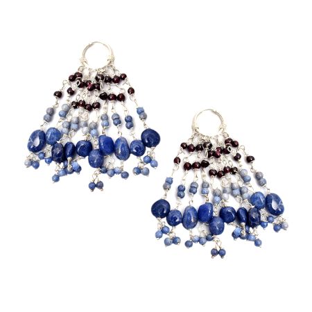 92.5 Sterling Silver Blue Beads Chandelier Hoop Earrings