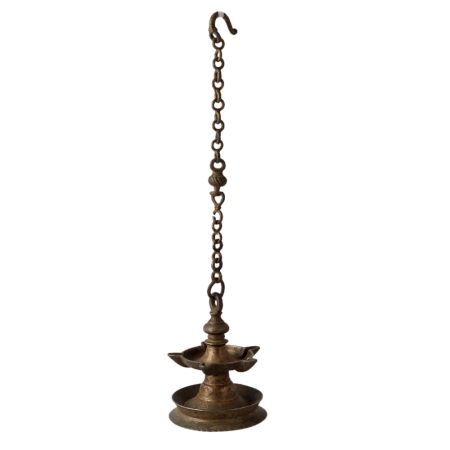 Brass Hanging Diya Oil Lamp With 5 Wick And Long Chain
