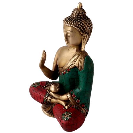 Brass Lord Buddha Statue in Colourful Stone Work