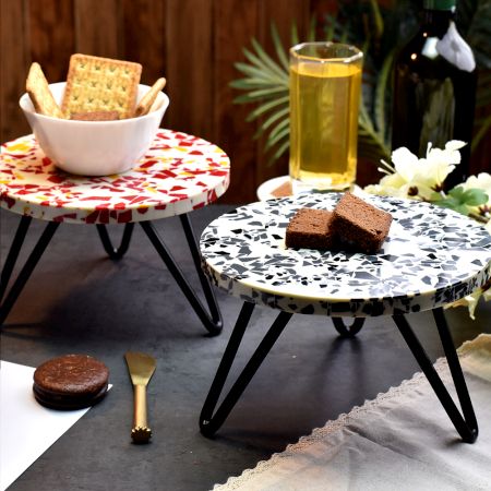 Red and Black Terrazzo Wood and Resin Cake Stand for Dessert, Fruit and Planter