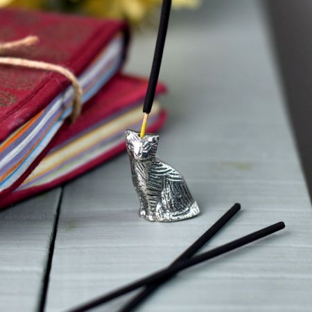 Silver Brass Sitting Cat Agarbatti Holder Stand