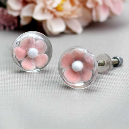 Pink Flower Engraved Glass Dresser Knobs
