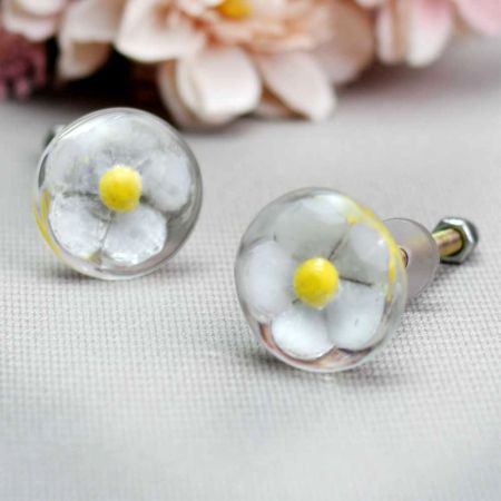 White Flower Engraved Glass  Cupboard Knobs