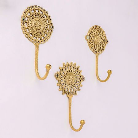 Brass Floral Pattern Pack of 3 Key Hooks for Wall