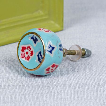 Turquoise Round Ceramic Floral Cabinet Knobs
