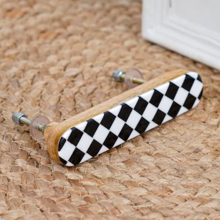 Black and White Checkerboard Resin and Wood Almirah Handle - 5 Inch