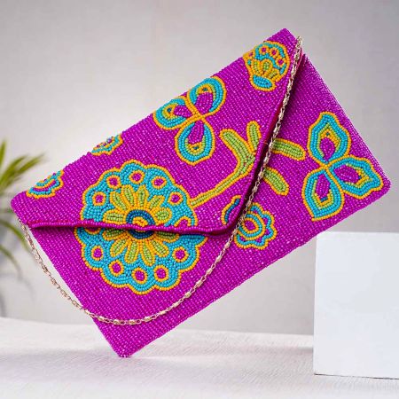 Pink Floral Beaded Cotton Crossbody Hand Bag For Women