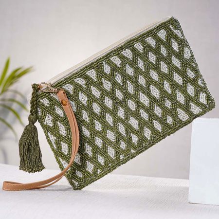 Green Beaded Cotton Clutch Hand Bag For Women
