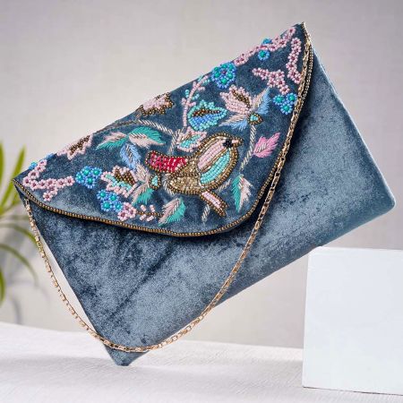 Grey Beaded Cotton Bird Design Sling Bag For Women