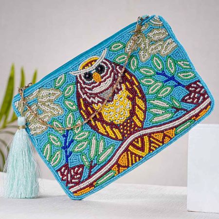Owl Beaded Blue Cotton Luxury Sling Bag For Women
