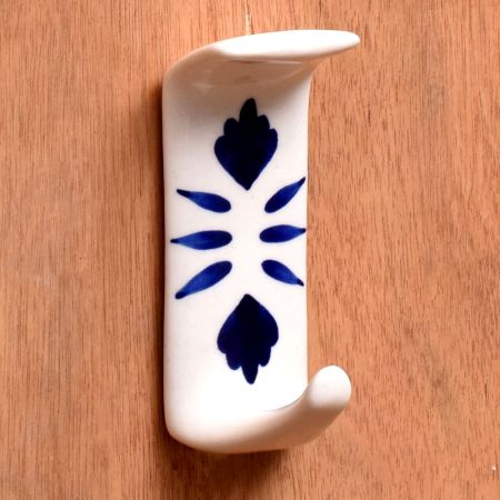 Handmade White Ceramic Blue Floral Adhesive Hook