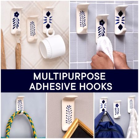 White Ceramic Blue Floral Adhesive Wall Hook