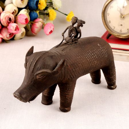 Handmade Brass Pig Statue with Two Riders