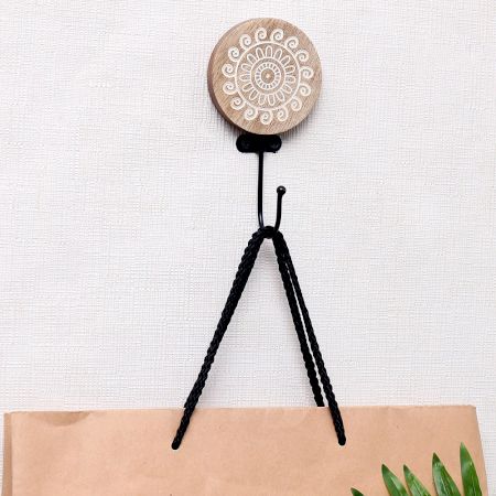 Brown Round Wooden Floral Coat Hooks Wall Mount