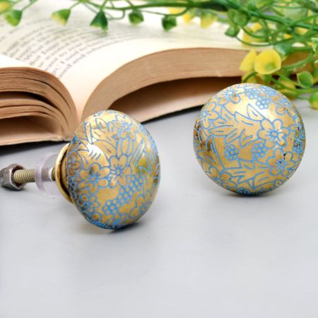 Brass Turquoise Floral Door Knobs