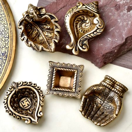 Brass Oil Lamps For Ritual Puja Golden Pital Diwali Diya Pack of 5