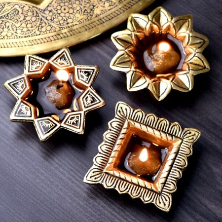 Golden Brass Oil Lamp For Inaugration Decorative Diwali Festival Diya Pack of 3