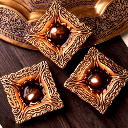 Brass Carved Square Shaped Oil Lamp Diwali  Festival Decoration Diya Pack of 3
