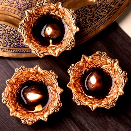Hindu Brass Oil Lamp Diya Engraved Floral Swastika Diwali Diya Decoration Pack of 3