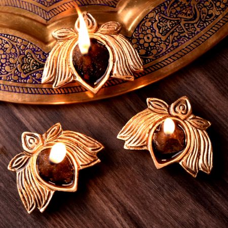 Brass Lotus Flower Diwali Diya Lamp Festival Decoration Pack of 3