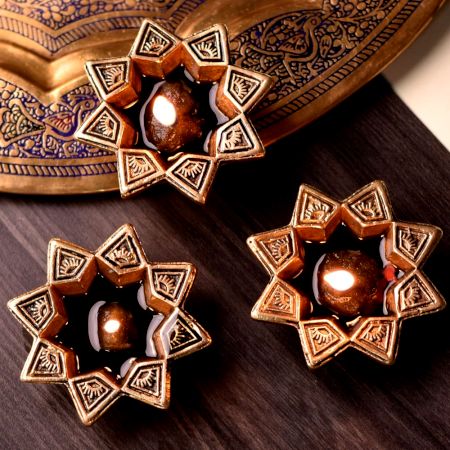 Brass Starry Flower Oil Lamp Diwali Decoration Gift Pack of 3 Diyas