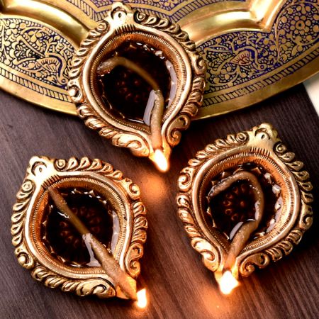 Designer Round Brass Oil Lamp Festive Diyas Pack of 3