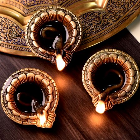 Brass Flower Engraved Diwali Diya Pack of 3 Diyas