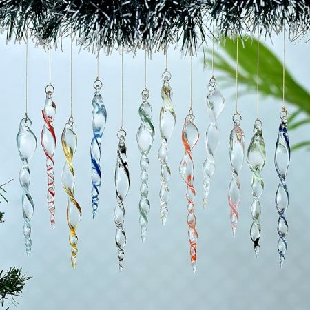 Icicles Ornaments- 12 Piece- Glass Icicles Christmas Ornaments- Hanging Crystals for Centerpieces- Christmas Crystal Ornaments- Chandelier Drop- Drop Ornaments-5.5 Inch