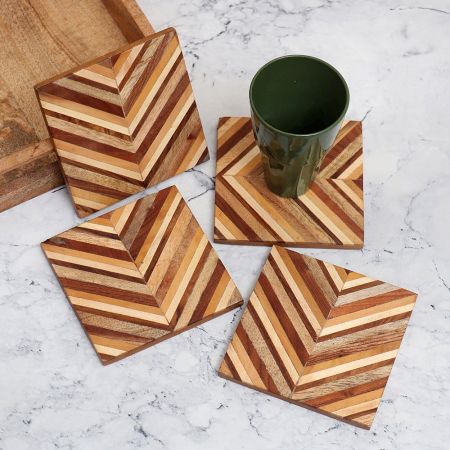 Antique Brown Wooden Coasters for Decor - Pack of 4