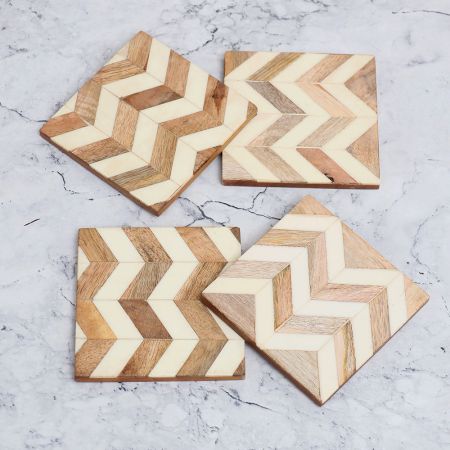 White and Brown Wooden Tea Coasters - Pack of 4