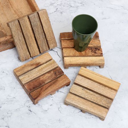 Handmade Brown Wooden Tea Coasters - Pack of 4