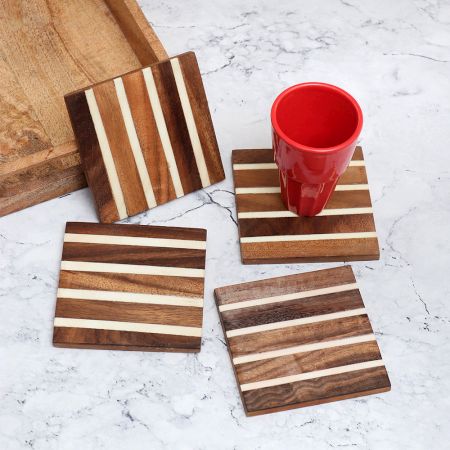 Handmade Brown Pattern Wooden Coasters - Pack of 4