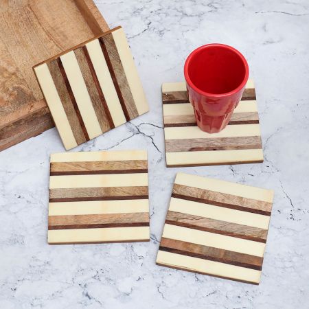 White and Brown Handmade Wooden Coasters - Pack of 4
