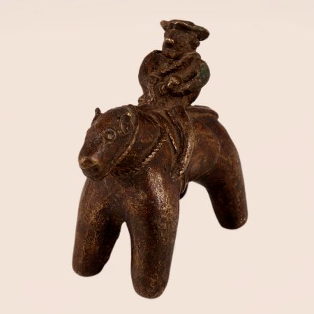 Brown Brass Horse Statue with Rider in Folk Art