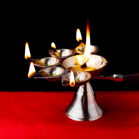 Golden Brass 6 Wick Oil Lamp with Wooden Handle